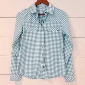 Stio Gingham Snap Shirt Womens S Teal Gorpcore Hiking Outdoor Utility Cabincore